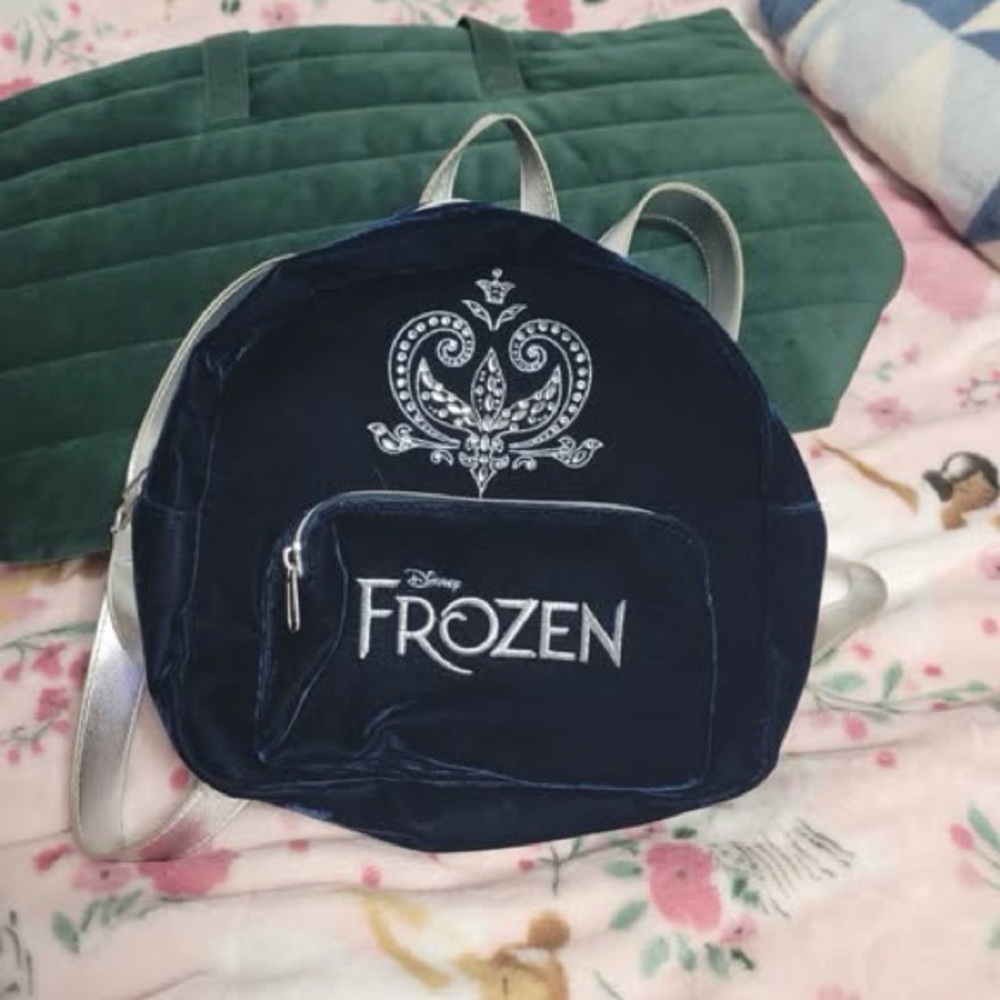 Disney Frozen Velvet Backpack in Navy Blue with Silver Accents